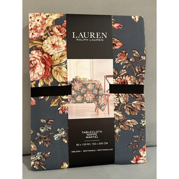 Ralph Lauren 60” x 120” Cotton Tablecloth Dark Blue Rust Fall Colors New - Picture 1 of 3